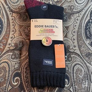 NWT Eddie Bauer Heatmax Crew Socks Unisex Black with Red Heels and Toes 1 pair